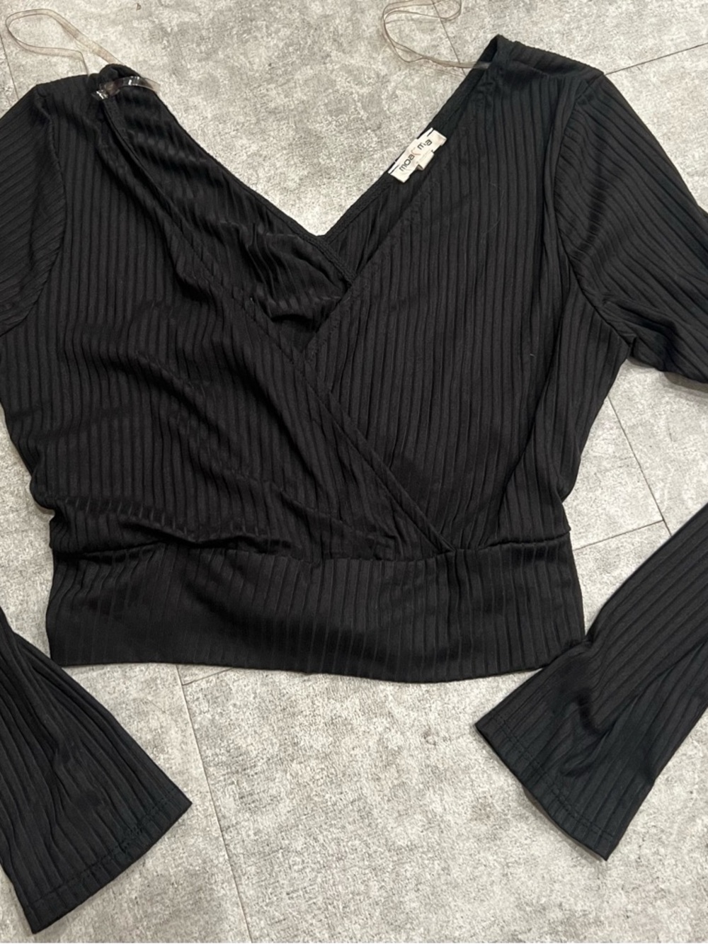 Moa Moa Black Ribbed Wrap-Front Long Sleeve Top